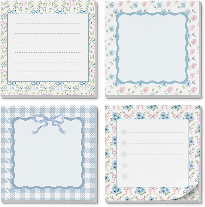 Cute Sticky Notes 3x3, Blue Cottage Bow Lined Sticky Notes 4 Pads, School Stuff, Cute Notepads Se... | Amazon (US)