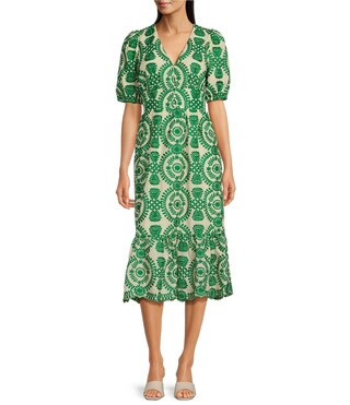 Adelyn Rae Eyelet Embroidered Puff Short Sleeve V-Neck Midi Dress | Dillard's | Dillard's