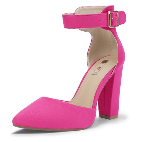 IDIFU Women's IN4 Pedazo High Block Heels Pumps Pointed Closed Toe Ankle Strap Dress Wedding Shoes(Hot Pink Suede, 9.5 M US) | Amazon (US)