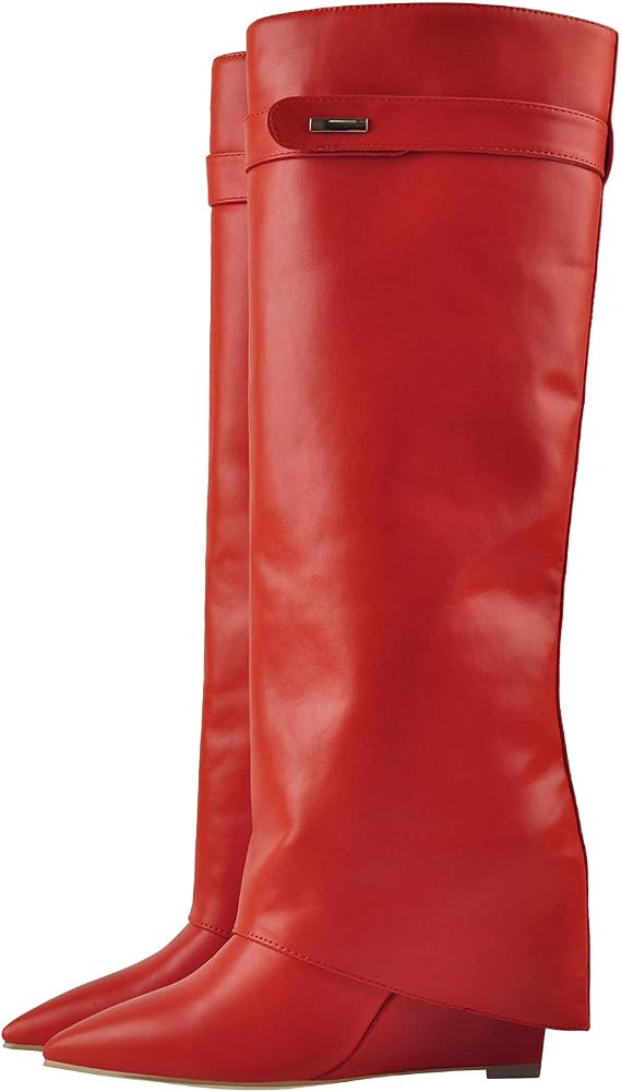 LISHAN Women's Wedge Boots Pointy Toe Slouchy High Heels | Amazon (US)