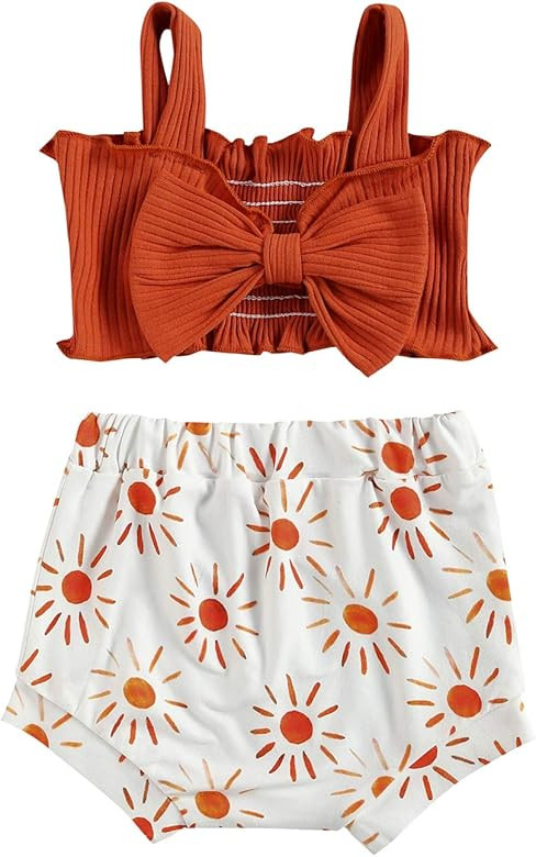 Infant Baby Girl Summer Outfits Ribbed Sleeveless Crop Top Shirt Bow Halter Top Rainbow Shorts 2P... | Amazon (US)