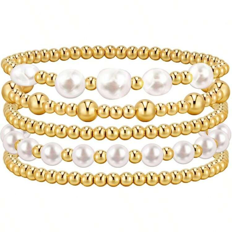 Gold Silver Beaded Bracelets Pack For Women, Adjustable Stretch Pearl Bead Ball Bracelet Stack Set Jewelry Small Gifts For Teen | SHEIN