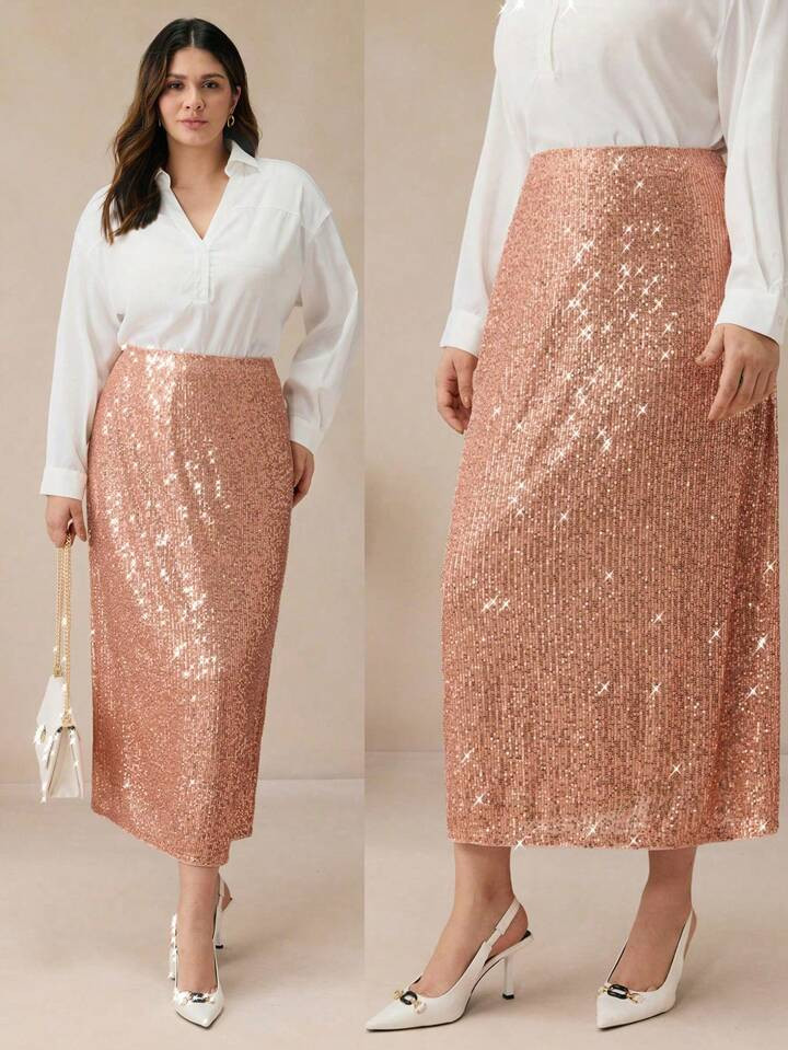 SHEIN BIZwear Plus Women's Sequins Elegant Office Skirt, Leisure And Holiday Gold Skirts Elegant ... | SHEIN
