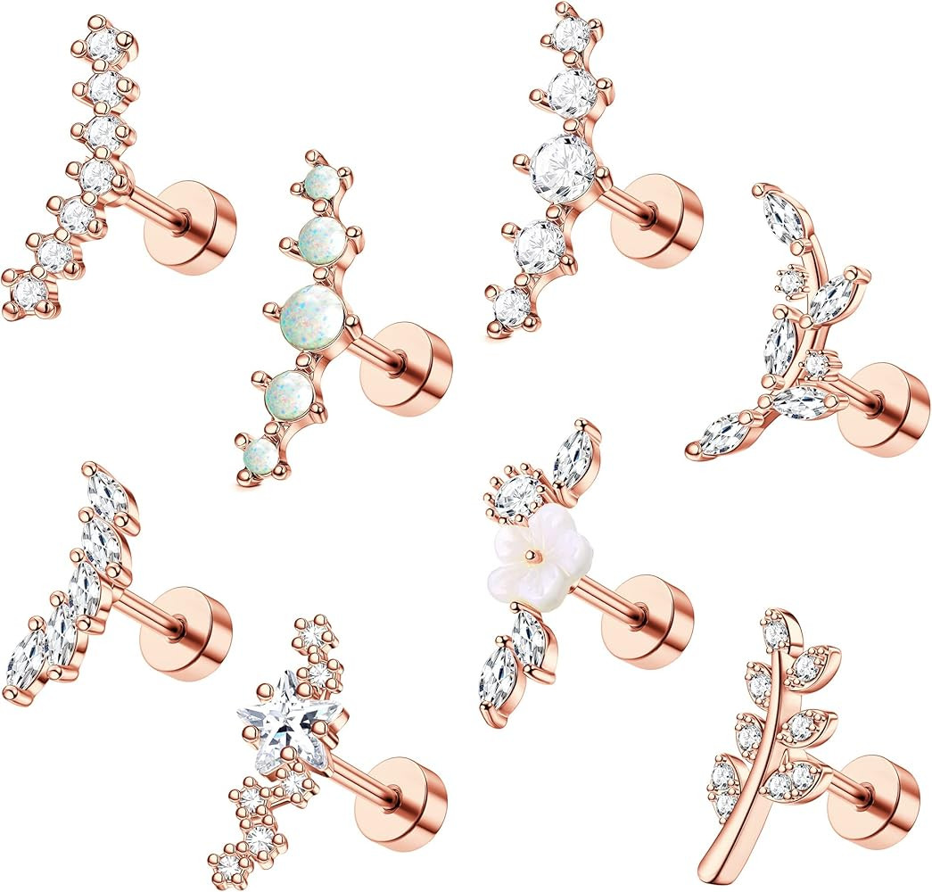 8Pcs 16G Cartilage Earring Set Stainless Steel Flower Opal CZ Stud Earrings Flat Back Cartilage C... | Amazon (US)