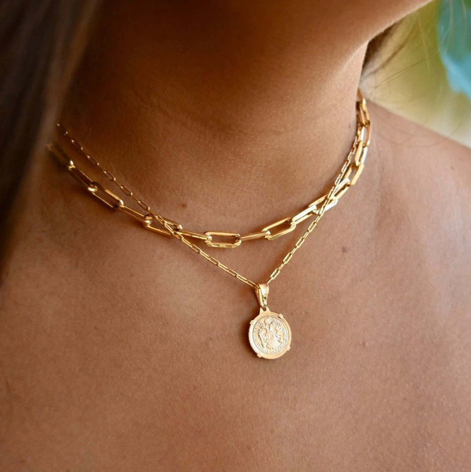 Gold Link Choker With Gold Coin Chain Set  Link Chain | Etsy | Etsy (US)