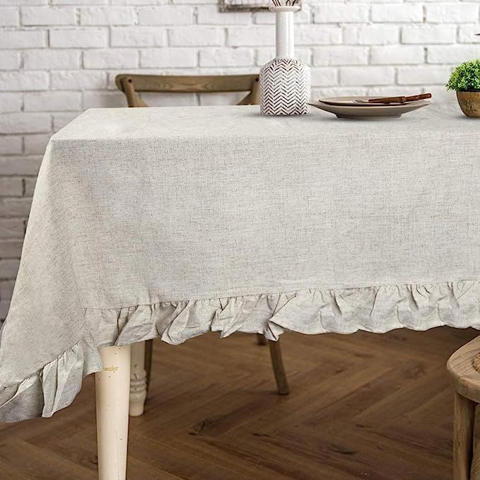 Lahome Rustic Ruffled Linen Tablecloth - Cotton Linen Vintage Flounces Trim Table Cover for Boho ... | Amazon (US)