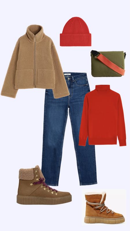 Red and camel
Cashmere polo beck 
Snow boots 
Ankle boots 
Borg jacket

#LTKSeasonal #LTKfindsunder50 #LTKstyletip