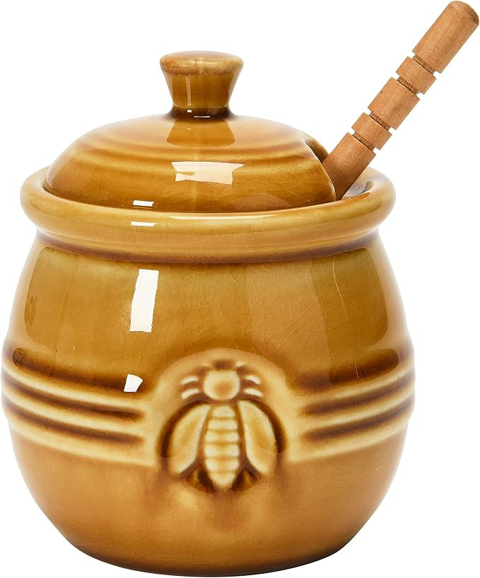 Creative Co-Op Farmhouse Embossed Stoneware Honey Pot with Wood Honey Dipper, Amber Orange | Amazon (US)