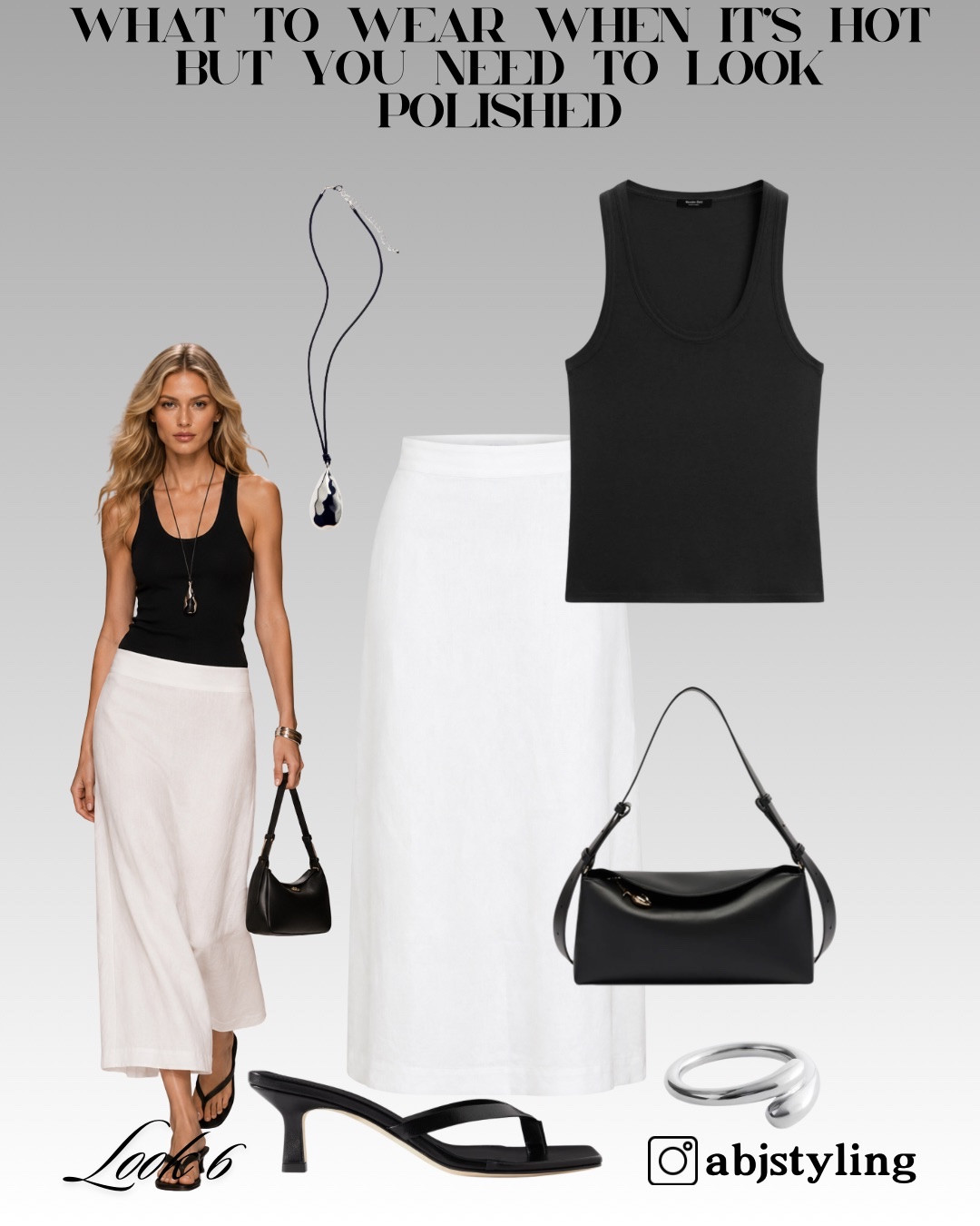 A minimalist black-and-white summer formula: fitted black tank, white linen column skirt, black kitten-heel sandals and a sleek shoulder bag. Finished with silver jewellery for a clean, modern edge.

Styling tip: With a simple monochrome outfit, focus on proportion. A close-fitting top balances a longer, straighter skirt beautifully.

#LTKuk #LTKsummer #LTKeurope