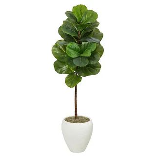 52" Fiddle Leaf Artificial Tree in White Planter - 13" - Overstock - 32830224 | Bed Bath & Beyond
