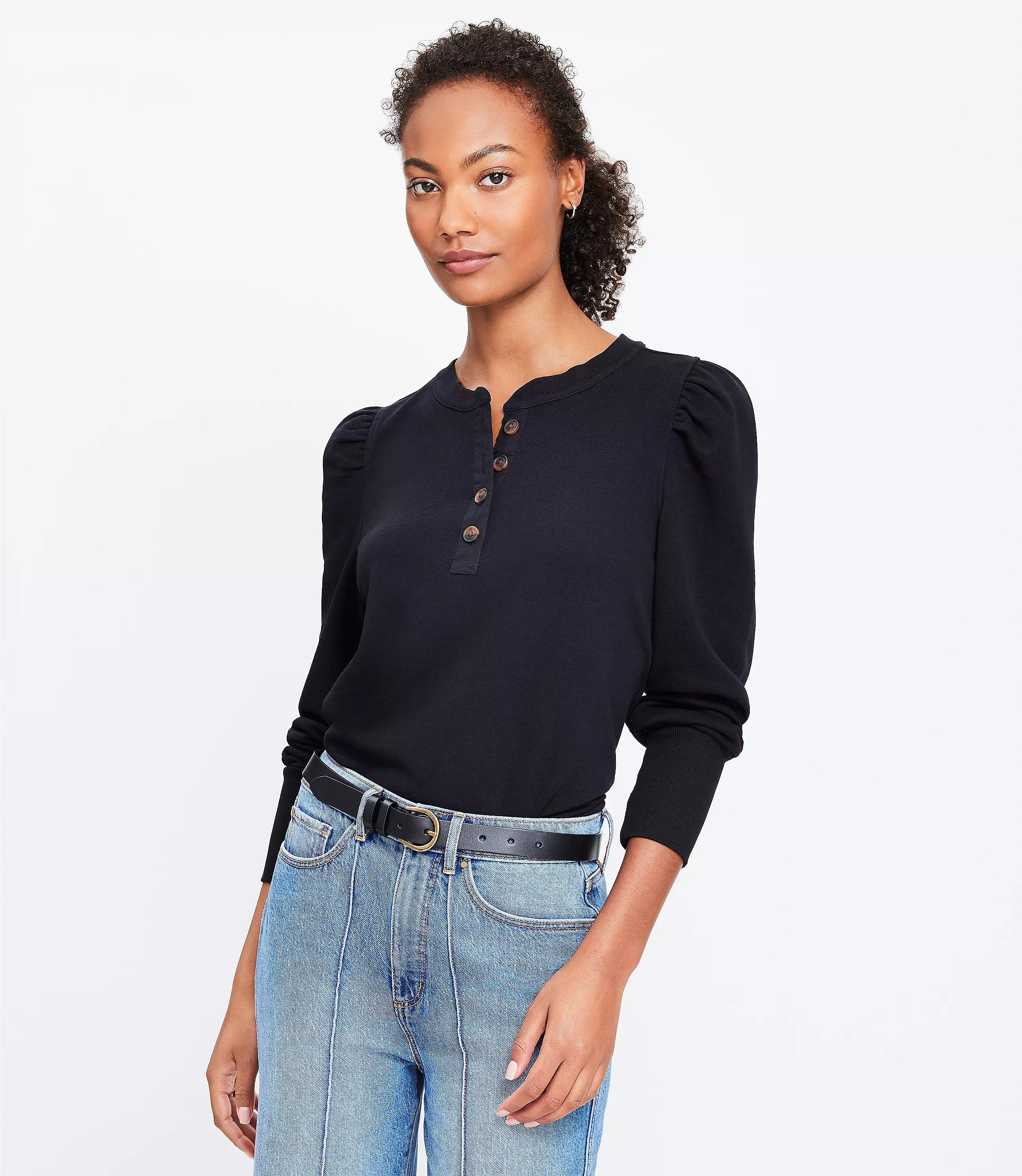 Puff Sleeve Henley Mixed Media Sweatshirt | LOFT