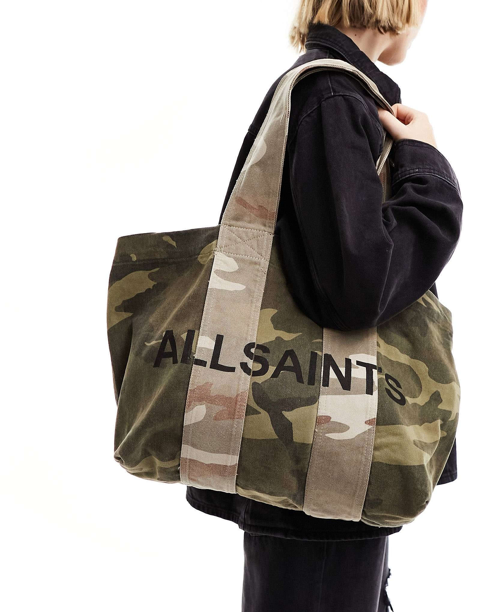 AllSaints Airi denim tote bag in camo green | ASOS (Global)