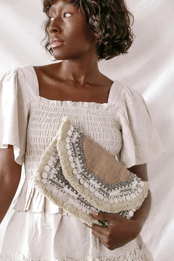 Dreamteam Beige Beaded Coin Envelope Clutch | Lulus (US)