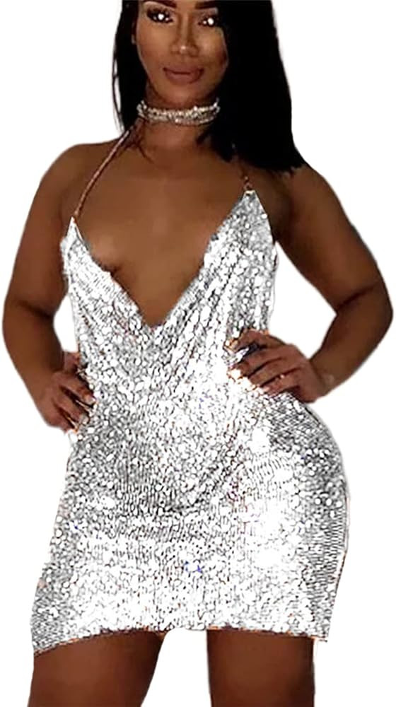 Fstrend Sexy Sequins Short Dress Slit Gold Backless Skirts Cocktail Prom Body Chain Beach Bikini ... | Amazon (US)