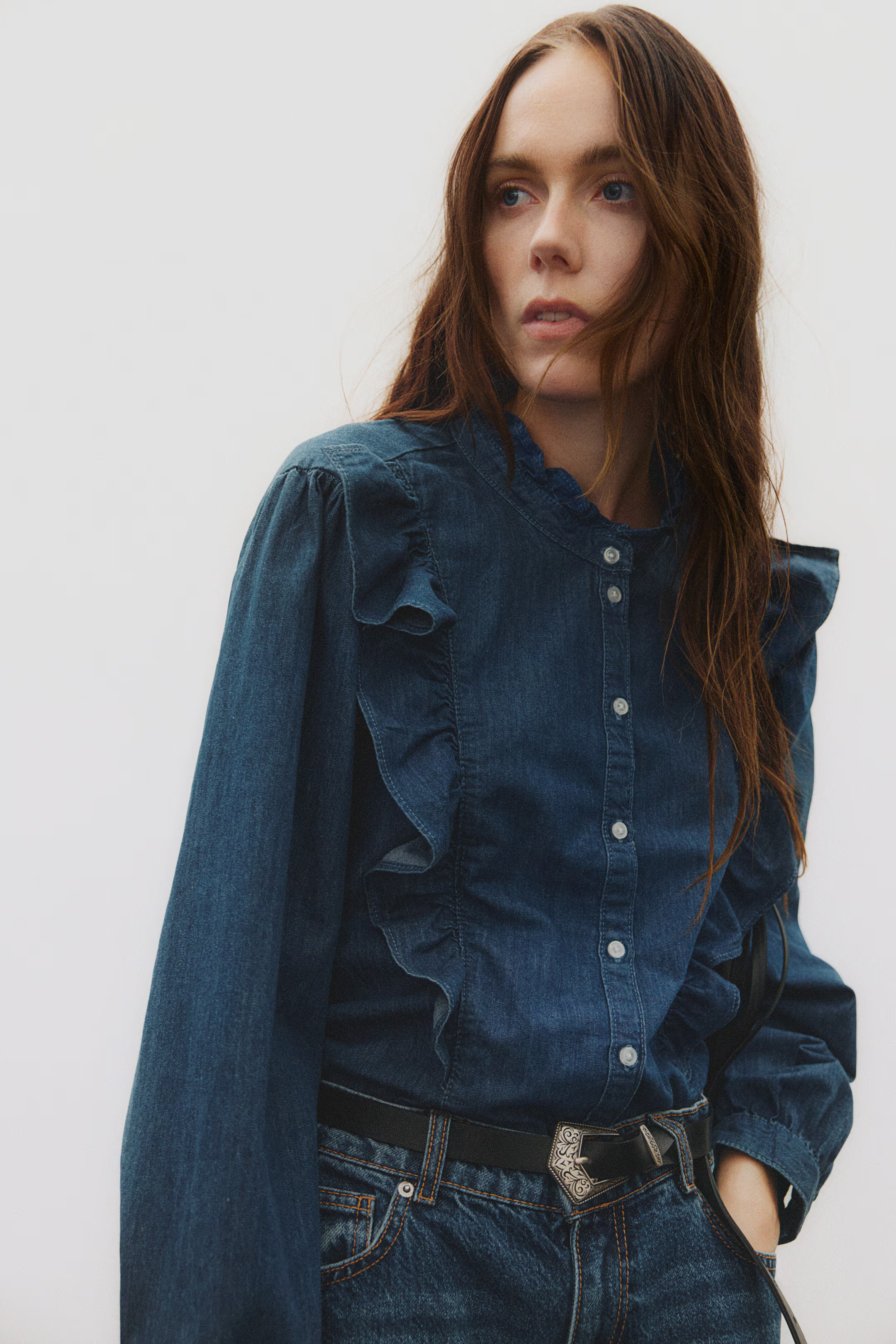 Frill-trimmed denim blouse | H&M (UK, MY, IN, SG, PH, TW, HK)
