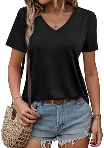 Womens Short Sleeve T Shirts V Neck Tops Summer Trendy Comfy Casual Basic Tee Shirt | Amazon (US)
