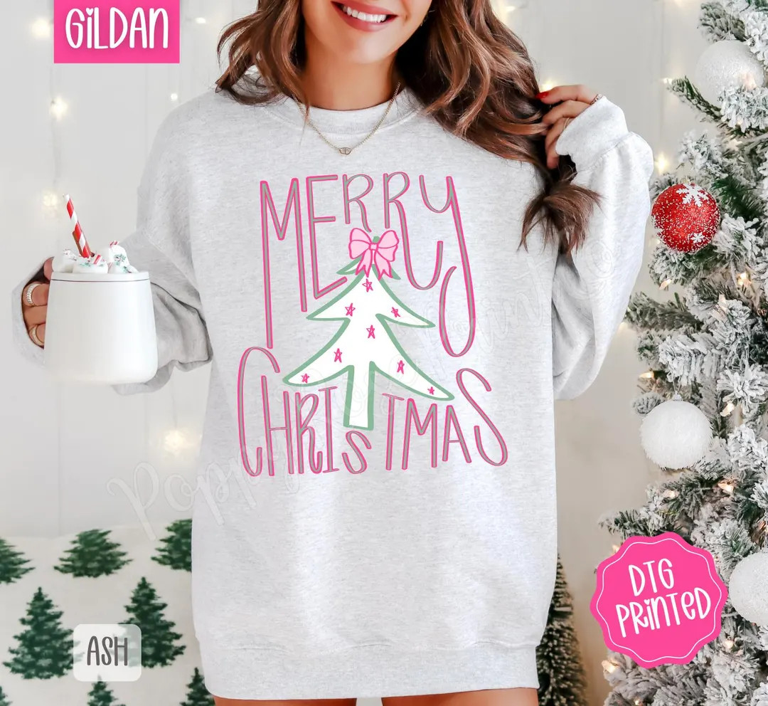 Preppy Merry Christmas Sweatshirt, Women's Christmas Sweater, Christmas Crewneck for Women, Pink ... | Etsy (US)