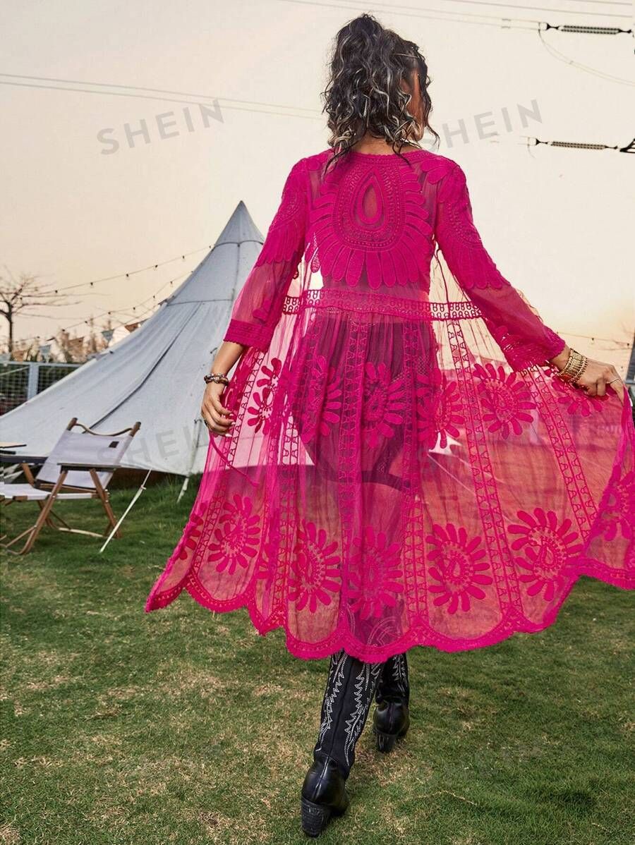 Women's Floral Mesh Waist Tie Kimono, Long Sleeve Beach Outfit Music Festival | SHEIN