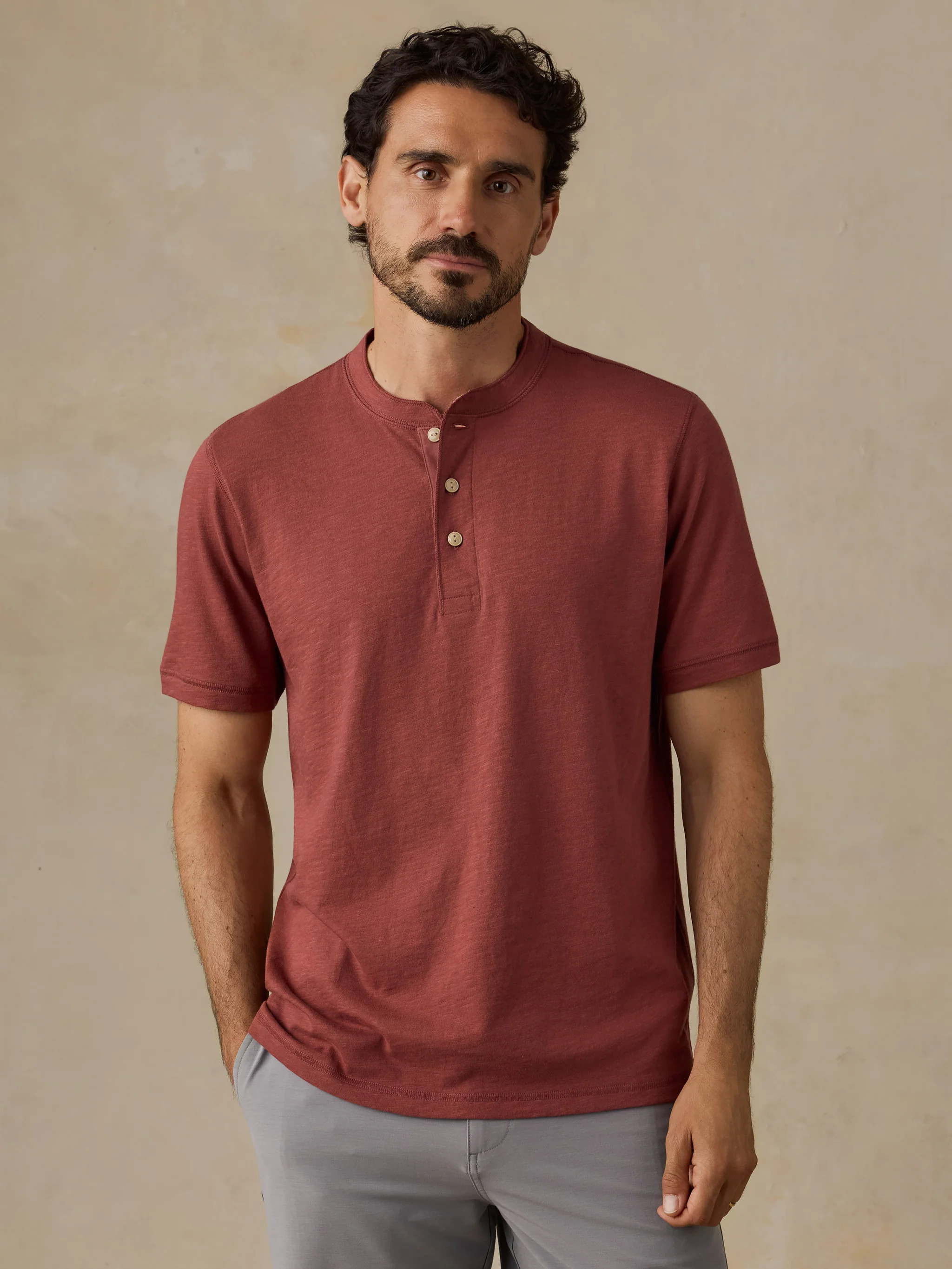 Short-Sleeve Sunwashed Regenerative Henley - Sunset Red | Faherty