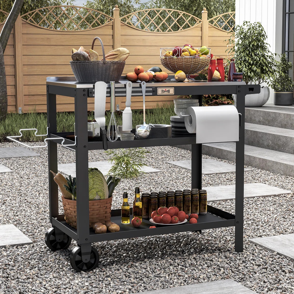Feasto 3-Shelf Multi-Functional Outdoor Grill Cart with Stainless Steel Table, Backsplash, and To... | Wayfair North America