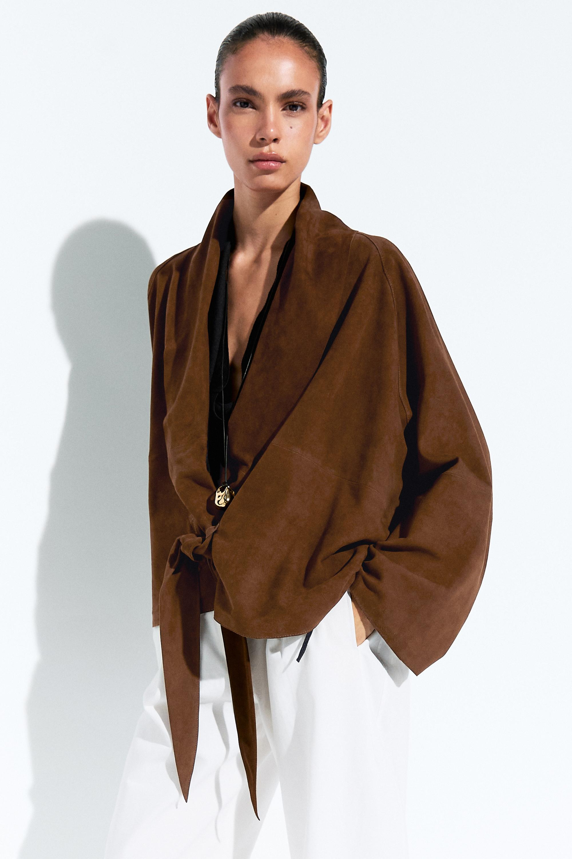 Suede leather wrap kimono | Massimo Dutti UK
