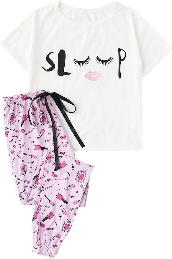 WDIRARA Women's Casual Sleepwear Letter Print Tee and Cartoon Pants Pajama Set Multicolor S at Am... | Amazon (US)