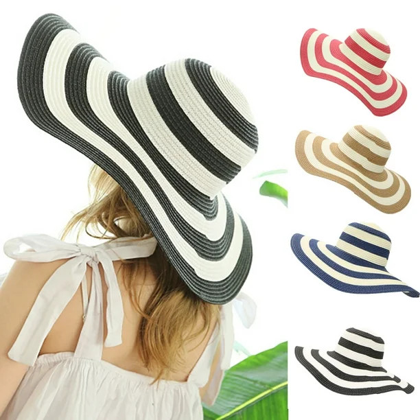 Meidiya Women's Beachwear Sun Hat Black and White Striped Straw Hat Floppy Beach Hat Foldable Wid... | Walmart (US)