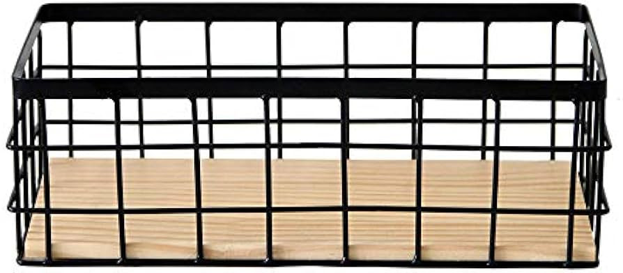 Metal Wire Bathroom Storage Organizer Basket Bin, Rustic Vintage Wire Grid Wooden Base Organizing... | Amazon (US)