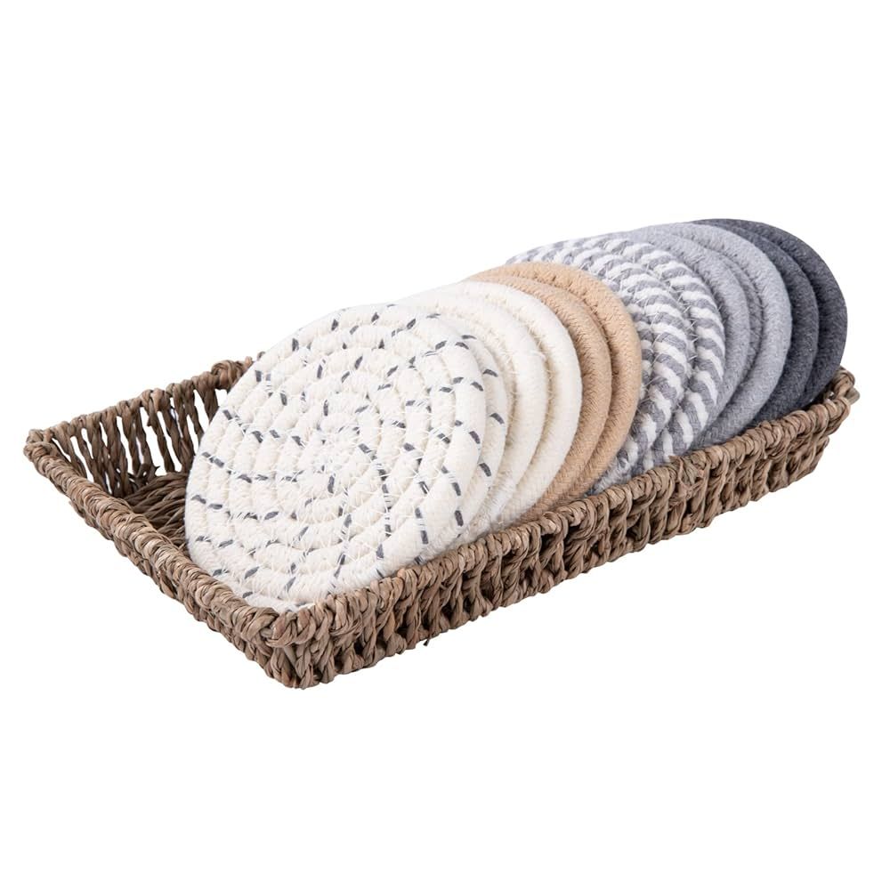 Boho Drink Coasters & Seagrass Basket Holder Set, 6 Styles 12 Pcs Handmade Braided Absorbent Coas... | Amazon (US)