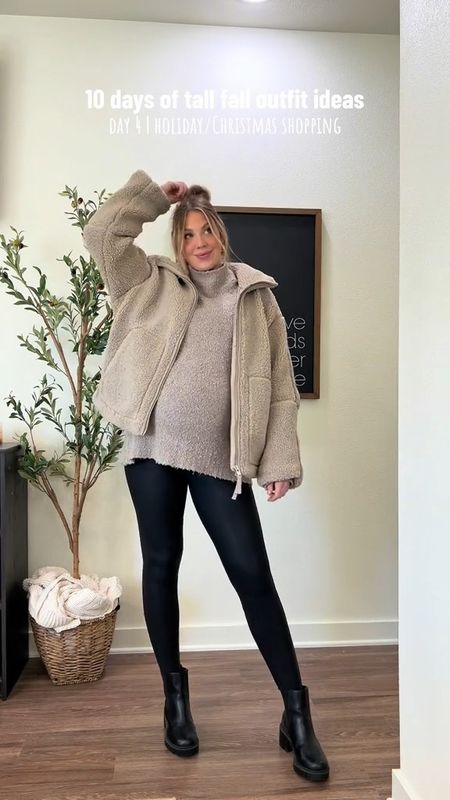 Sized up in the faux leather leggings.. maternity or not. 
I’m wearing a large in the teddy jacket fits tts. 

I linked similar items for everything else below🤍

Fall outfits, maternity, sweater dress, dress dress 