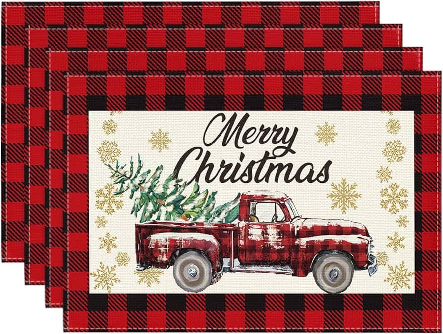 Artoid Mode Red and Black Buffalo Plaid Truck Merry Christmas Placemats Set of 4, 12x18 Inch Seas... | Amazon (US)