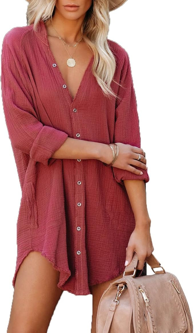 Paintcolors Women's Long Sleeve Cotton Button Down Tunic Dresses Beach Cover-ups Oversized Blouse... | Amazon (US)