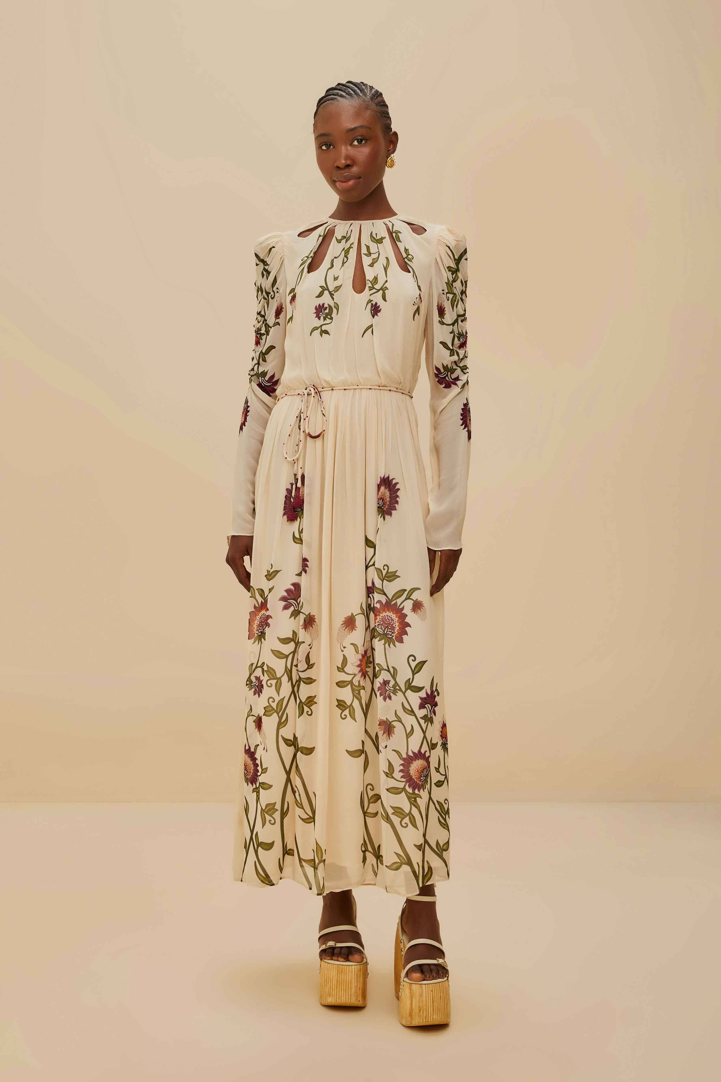 Multicolor Romantic Nature Long Sleeve Maxi Dress | FarmRio (US)