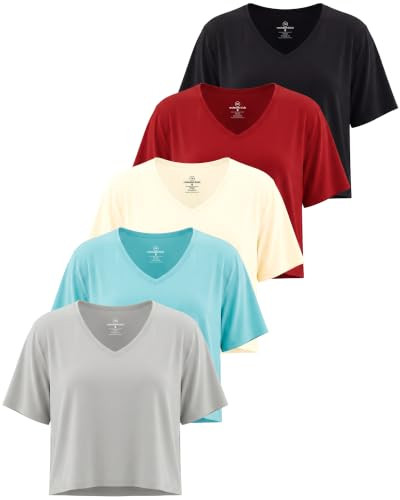 5 Pack Set Womens Short Sleeve Crop Tops Workout Top Tees T Shirts Dry Fit V Neck Summer Running Gym Yoga Active Cropped | Amazon (US)
