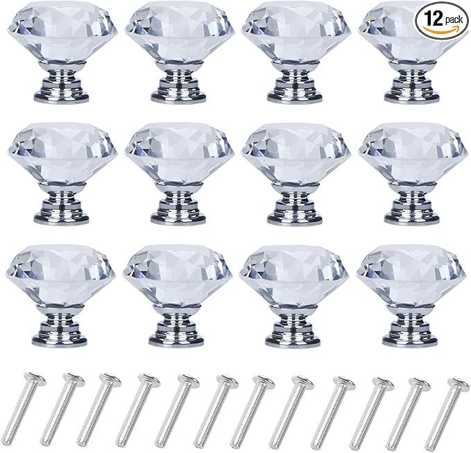 YourGift 12 Pack Drawer Knobs Diamond Shaped Crystal Glass 30mm Cabinet Knobs Pull Handles (Silve... | Amazon (US)