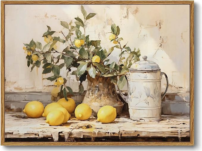 XLARTMY Framed Vintage Kitchen Wall Art, Yellow Lemon Still Life Wall Art Oil Paintings, Rustic F... | Amazon (US)