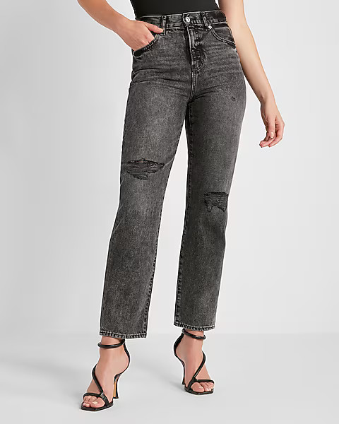 High Waisted Black Ripped Straight Ankle Jeans | Express