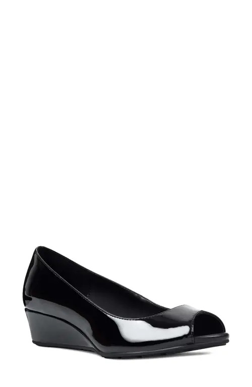 Bandolino Peep Toe Wedge Pump in Black Faux Patent Leather at Nordstrom, Size 8.5 | Nordstrom