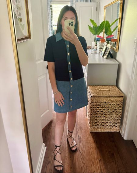Such a fun dress - can easily be worn for work or play. Denim details. Dress. Denim dress. Work dress. Work outfit. Amazon sandals. Spring dress. Spring outfit. LTKworkwear 

#LTKSeasonal #LTKworkwear #LTKstyletip
