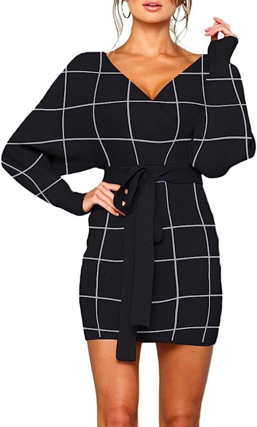 Amazon.com: Zonsaoja Women's Sweater Dress Sexy V Neck Long Sleeve Backless Wrap Knitted Mini Dre... | Amazon (US)