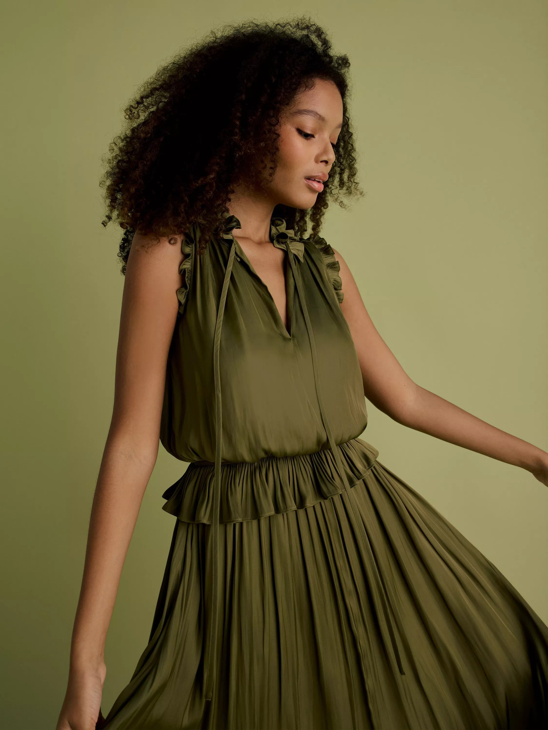 Tie Neck Frill Midi Dress, Khaki, 12 | John Lewis (UK)