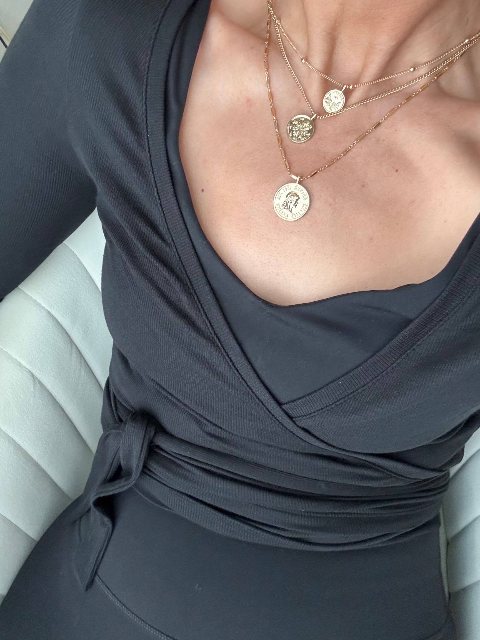 Gold coin necklace 

Black workout tank and wrap top both size S
Black leggings size XS

#LTKootd #LTKActive #LTKmomlife