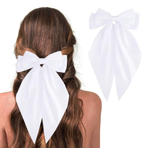yqswstl White Hair Bows for Women Satin Silk Hair Bow Hair Ribbons Oversized Long Tail Bow Hair Clips Large Hair Ribbon Barrettes Metal Clips Bowknot Cute Girls Hair Accessories | Amazon (US)