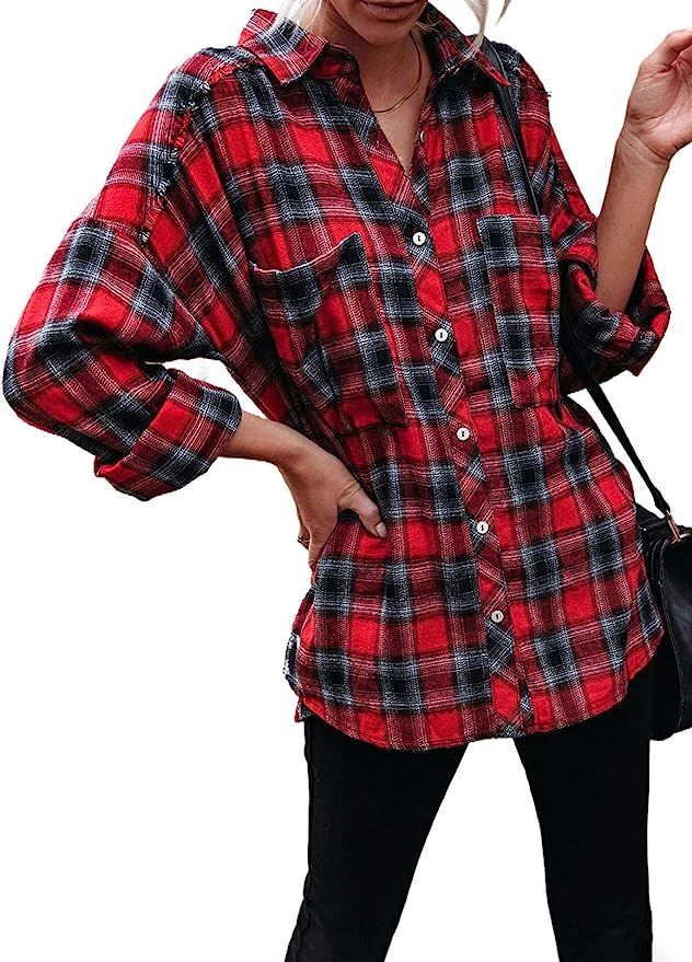 Dokotoo Womens Classic Plaid Color Block Button Down Boyfriend Long Sleeve Shirts Blouses Tops | Amazon (US)
