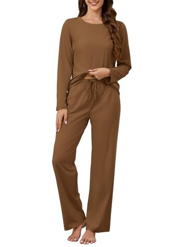 KCW 100% Cotton Pajamas for Women 2 Piece Lounge Sets Long Sleeve Sleep Shirts and Pants Daily Outfits Brown M | Amazon (US)