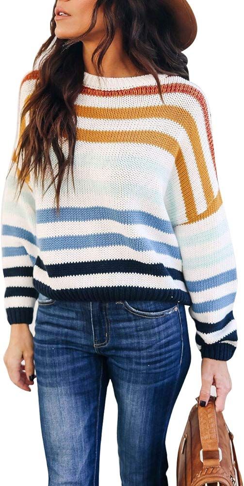 Women Sweaters Long Sleeve Crew Neck Color Block Striped Oversized Casual Knitted Pullover Tops | Amazon (US)
