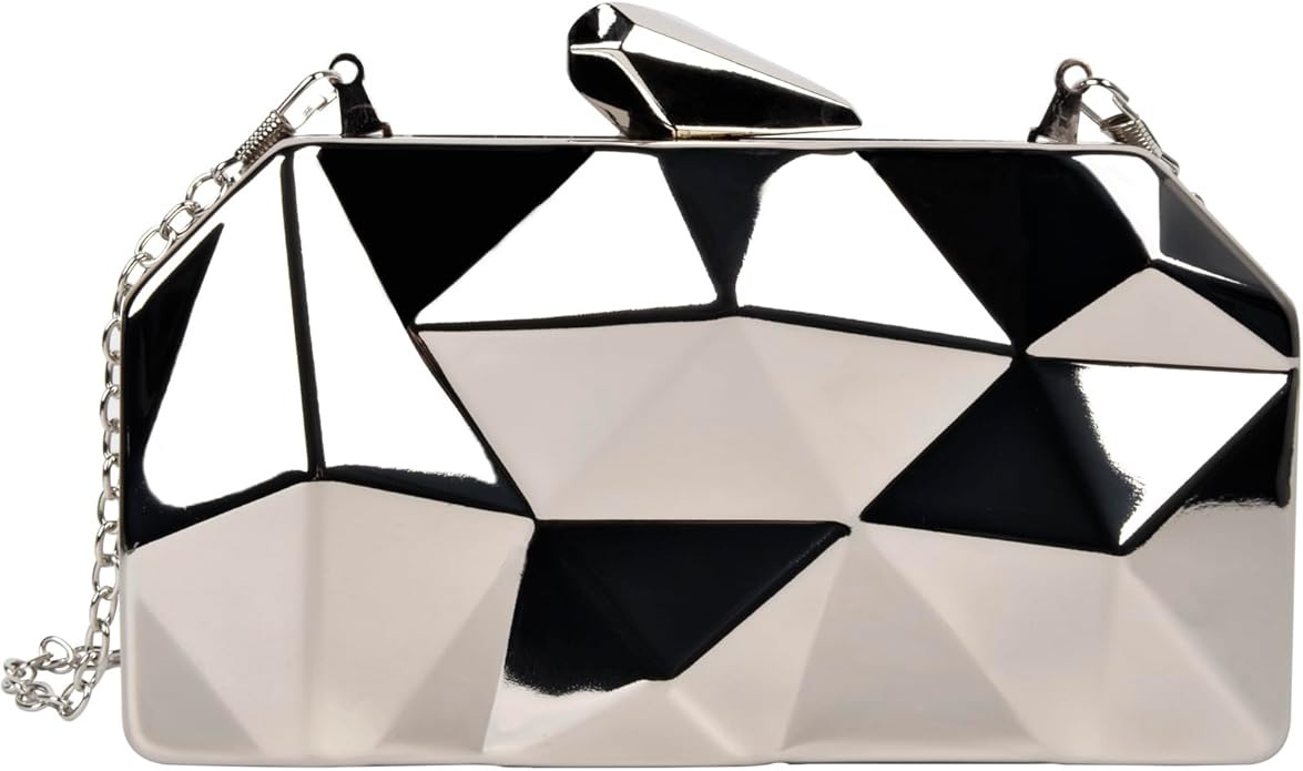 QZUnique Lattice Metal Handbag Geometric Evening Bag Abstract Stone Cut Chain Clutch Purse for Wo... | Amazon (US)