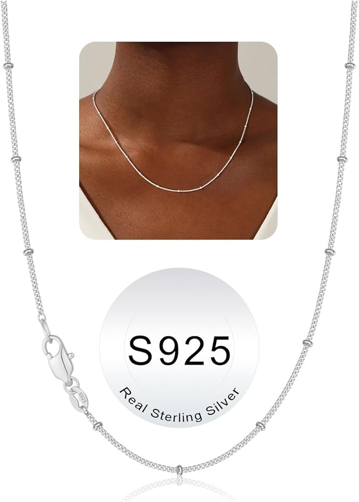 IEFWELL S925 Sterling Silver Chain Necklace for Women - 14K-Real-Gold-Plated 1.5mm Satellite Bead... | Amazon (US)