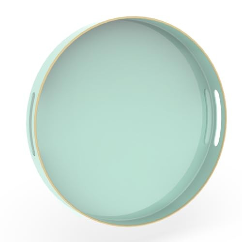 MAONAME Mint Green Decorative Tray for Coffee Table, Modern Round Serving Trays with Handles, 13" Plastic Tea Trays for Ottoman, Bathroom Decor | Amazon (US)