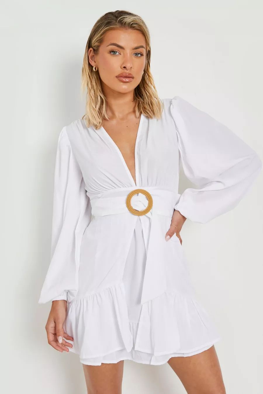 Raffia Buckle Belted Skater Beach Dress | Boohoo.com (UK & IE)